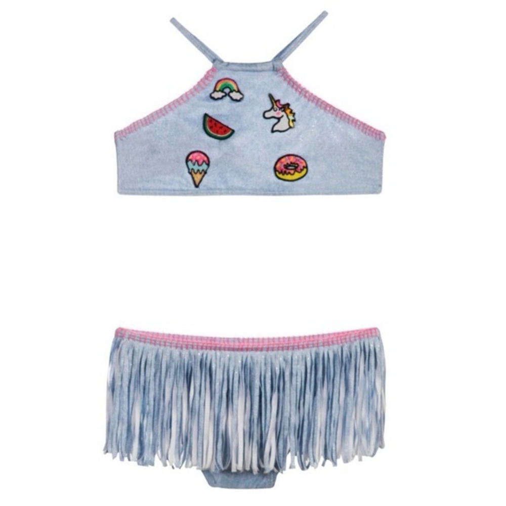 Pilyq Kids Swim Bikini in Blue with Fun Patches